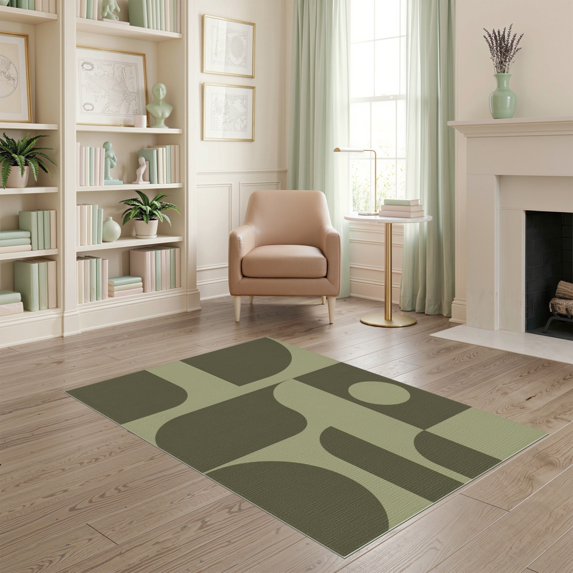 ODIKA 4'x6' Washable Area Rug Olive and Sage Geometric Design Bold Retro Shapes with Modern Flair for Dorm Room, Small Living Stain Resistant Low Profile, Easy Care
