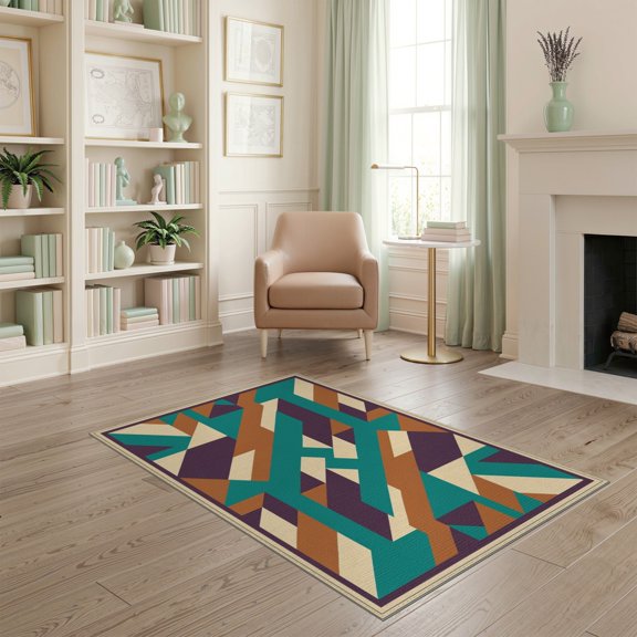 ODIKA 4'x6' Washable Area Rug Pet Friendly, Non-Shedding Abstract Asymmetrical Vibrant Angular Motifs Large Bold Colored for Bedroom, Reading Nook