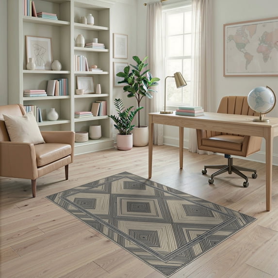 ODIKA 4'x6' Washable Area Rug Pet Friendly, Non-Shedding Abstract Structured Way Layout Muted Neutral Repeating Motifs for Bedroom, Reading Nook