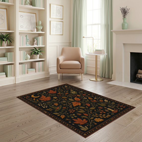 ODIKA 4'x6' Washable Area Rug Pet Friendly, Non-Shedding Autumnal Tones Enchanted Foliage Whimsical Nature Motif with Mystical Accents for Bedroom, Reading Nook