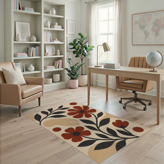 ODIKA 4'x6' Washable Area Rug Pet Friendly, Non-Shedding Beige Red Floral and Leaf Elegance Contemporary Design with Bold Natural Motifs for Bedroom, Reading Nook