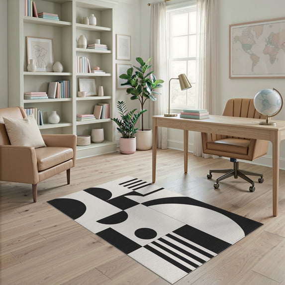 ODIKA 4'x6' Washable Area Rug Pet Friendly, Non-Shedding Black White Geometric Contrast Design Modern Artistic Stripes and Circles for Bedroom, Reading Nook