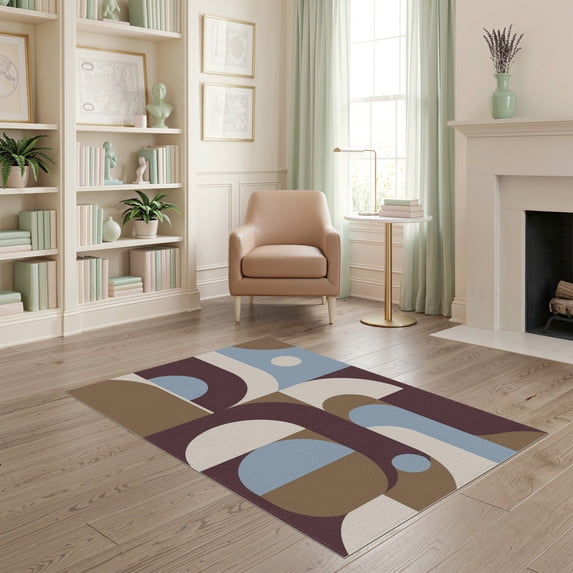 ODIKA 4'x6' Washable Area Rug Pet Friendly, Non-Shedding Brown Blue Burgundy Geometric Art Design Abstract Shapes with Modern Retro Flair for Bedroom, Reading Nook