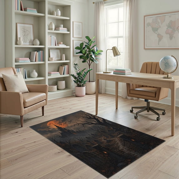 ODIKA 4'x6' Washable Area Rug Pet Friendly, Non-Shedding Dark Gothic Moonlit Castle Scene Haunting Landscape with Bats and Trees for Bedroom, Reading Nook