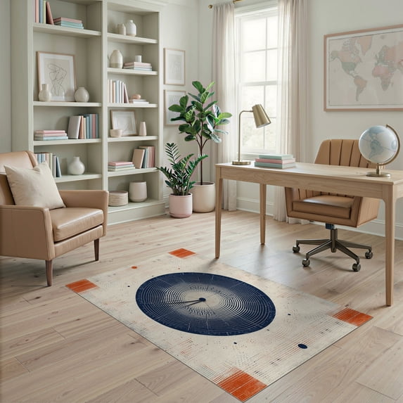 ODIKA 4'x6' Washable Area Rug Pet Friendly, Non-Shedding Entrance Abstract Inspired Radiating Ring Circle Round Circular for Bedroom, Reading Nook