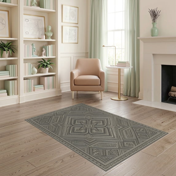 ODIKA 4'x6' Washable Area Rug Pet Friendly, Non-Shedding Entry Neutral Grey Palette Balanced Detailing Entryway Front for Bedroom, Reading Nook