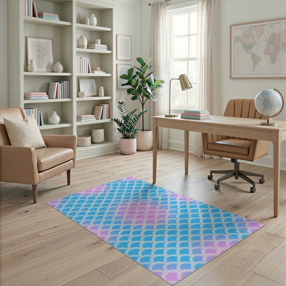 ODIKA 4'x6' Washable Area Rug Pet Friendly, Non-Shedding Fish Ombre Glitter Look Scale Seashell Mermaid Gradient Refined for Bedroom, Reading Nook