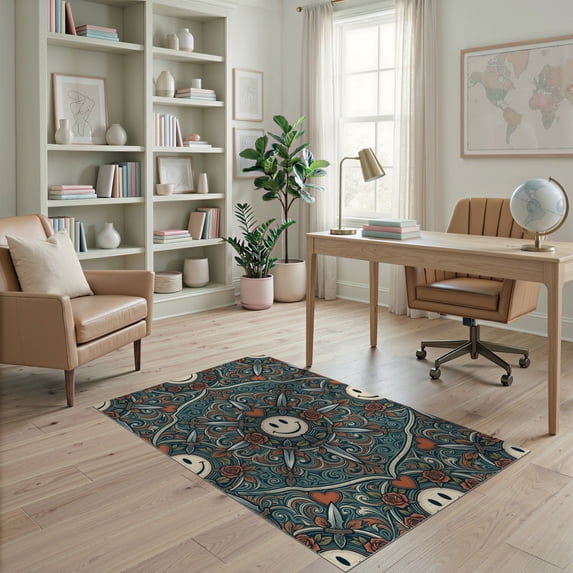 ODIKA 4'x6' Washable Area Rug Pet Friendly, Non-Shedding Graphic Distressed Face Muted Teal Ivory Symmetrical Beast for Bedroom, Reading Nook
