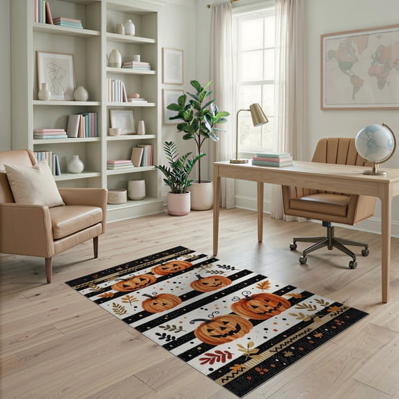 ODIKA 4'x6' Washable Area Rug Pet Friendly, Non-Shedding Halloween Door Striped Pumpkin Cluster Farmhouse Fall Spotted Doormat for Bedroom, Reading Nook