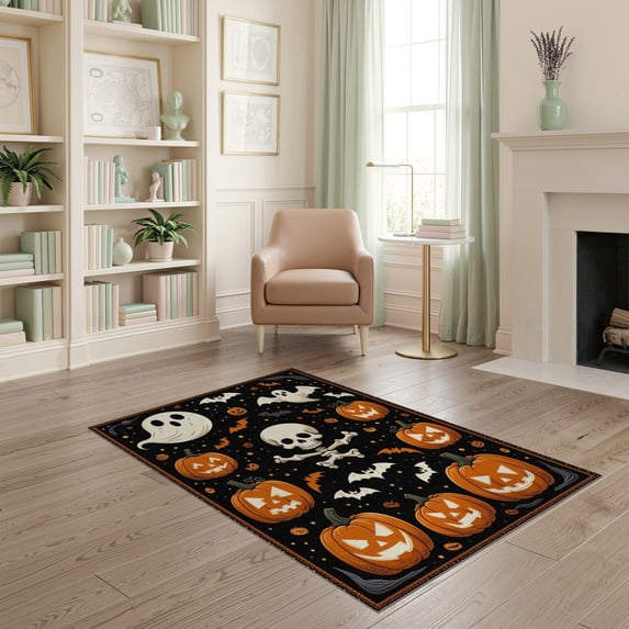 ODIKA 4'x6' Washable Area Rug Pet Friendly, Non-Shedding Halloween Ghost Skull Pumpkin Welcome Spooky Fiber Doormat Door for Bedroom, Reading Nook