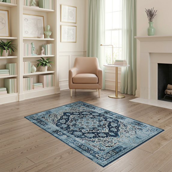 ODIKA 4'x6' Washable Area Rug Pet Friendly, Non-Shedding Navy Center Throw Motif Distressed Tonal Background Border Solid for Bedroom, Reading Nook