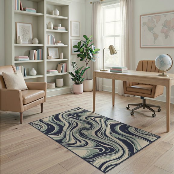 ODIKA 4'x6' Washable Area Rug Pet Friendly, Non-Shedding Navy Long Minimalist Ocean Wave Flowing Movement Accessories for Bedroom, Reading Nook