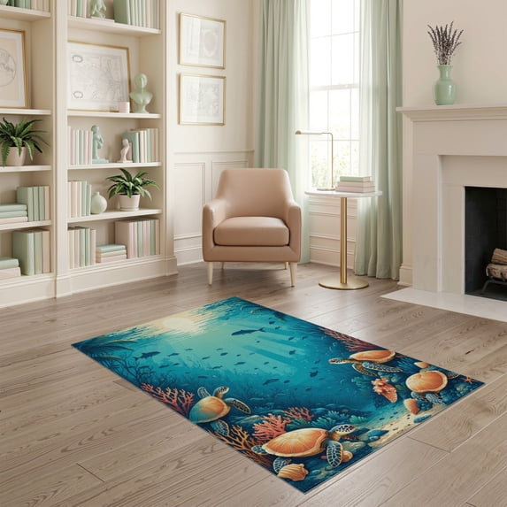 ODIKA 4'x6' Washable Area Rug Pet Friendly, Non-Shedding Ocean Felt Turtle Coral Motifs Nautical Underwater Reef Marine for Bedroom, Reading Nook
