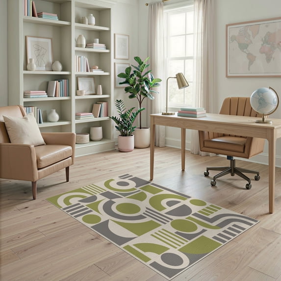 ODIKA 4'x6' Washable Area Rug Pet Friendly, Non-Shedding Olive Gray Geometric Abstract Design Elegant Interplay of Circular and for Bedroom, Reading Nook