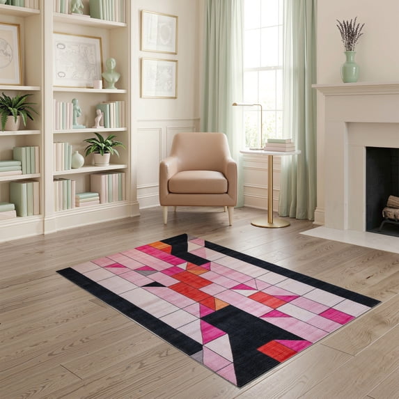 ODIKA 4'x6' Washable Area Rug Pet Friendly, Non-Shedding Pink Geometric Abstract Mosaic Contemporary Triangular Motif for Bedroom, Reading Nook