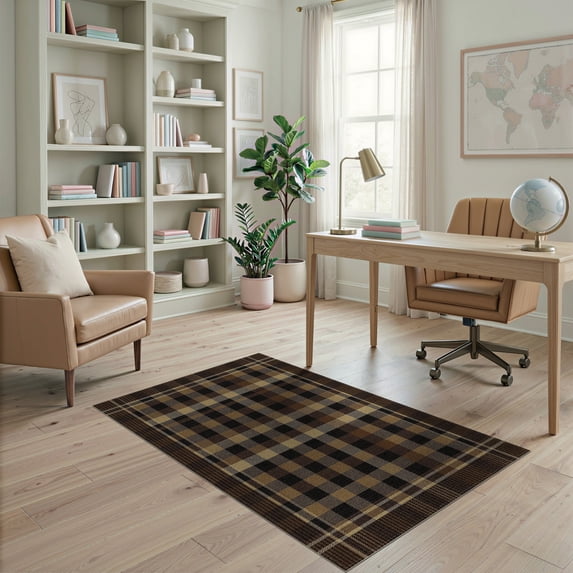 ODIKA 4'x6' Washable Area Rug Pet Friendly, Non-Shedding Plaid Tartan Checkerboard Design With Bold Striped Frame Buffalo Flowing Dynamic for Bedroom, Reading Nook
