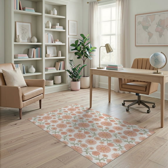 ODIKA 4'x6' Washable Area Rug Pet Friendly, Non-Shedding Playroom Blush Peach Airy Repeating Border Pink Dorm Boho Girly for Bedroom, Reading Nook