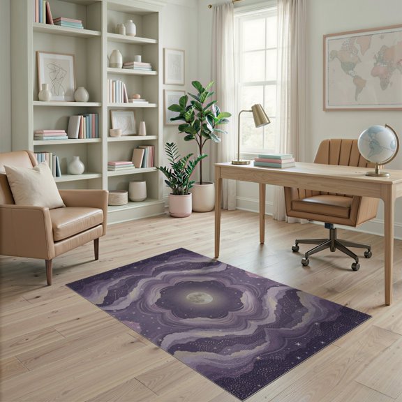 ODIKA 4'x6' Washable Area Rug Pet Friendly, Non-Shedding Purple Starry Galaxy Glowing Cosmic Swirl Motif Constellation for Bedroom, Reading Nook