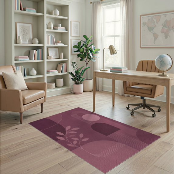 ODIKA 4'x6' Washable Area Rug Pet Friendly, Non-Shedding Rich Plum Geometric Abstract Design Modern Art with Leaf and Circle Motifs for Bedroom, Reading Nook