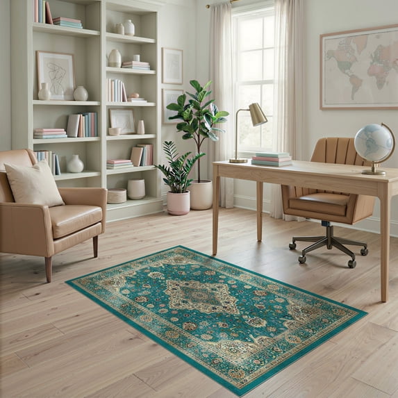 ODIKA 4'x6' Washable Area Rug Pet Friendly, Non-Shedding Teal Vintage Boho Border Throw Turquoise Butterfly Print Turtle for Bedroom, Reading Nook