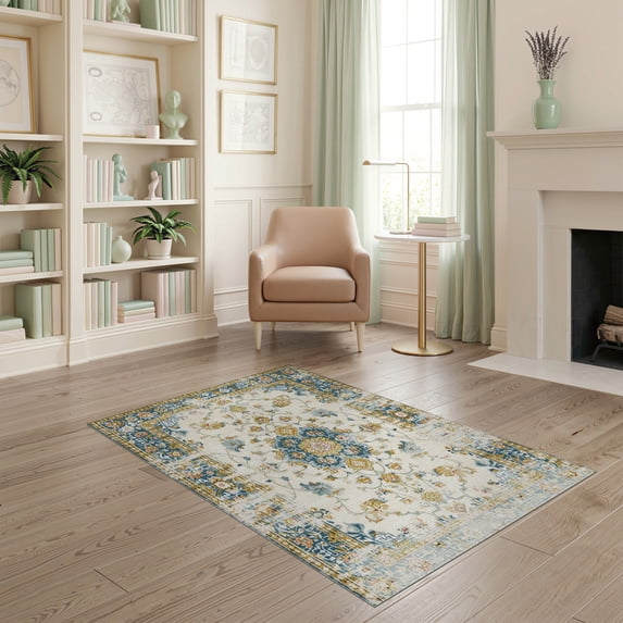 ODIKA 4'x6' Washable Area Rug Pet Friendly, Non-Shedding Vintage Boho Distressed Retro Scroll Textured Pile for Bedroom, Reading Nook