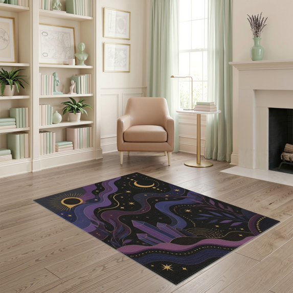 ODIKA 4'x6' Washable Area Rug Purple Gold Celestial Dreamscape Golden Accents Enchanting Night Sky Motif Stars for Dorm Room, Small Living Stain Resistant Low Profile, Easy Care