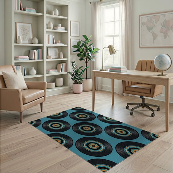 ODIKA 4'x6' Washable Area Rug Record Album Retro Y2k Disc Groove Round Cd Music Note Vinyl Playful Expressive for Bedroom, Reading Nook, Pet Friendly & Non-Shedding