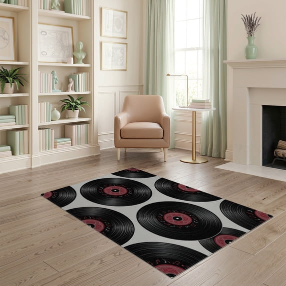 ODIKA 4'x6' Washable Area Rug Record Retro Album Disc Round Cd Themed Shaped Music Note Vinyl Playful for Home Office, Under Desk, Non-Slip Chair-Friendly, Flatwoven