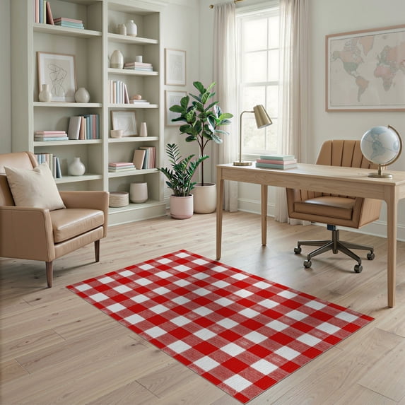 ODIKA 4'x6' Washable Area Rug Red White Buffalo Plaid Design Festive Gingham Checkered Christmas for Bedroom, Reading Nook, Pet Friendly & Non-Shedding