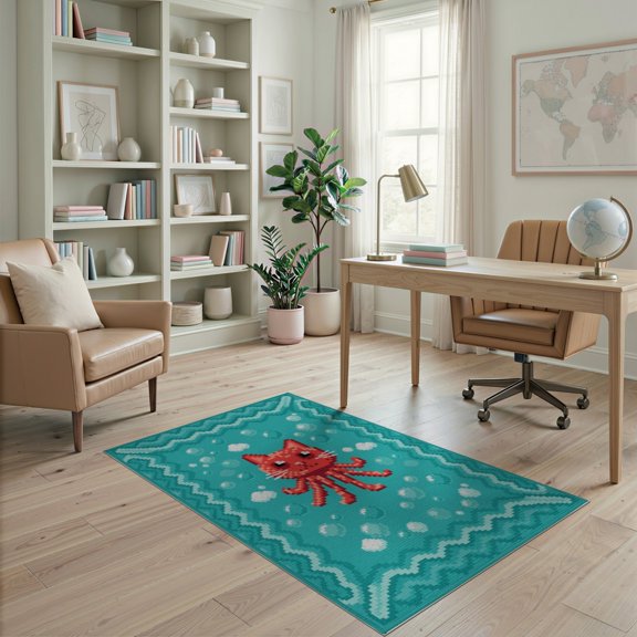 ODIKA 4'x6' Washable Area Rug Retro Arcade Style Octopus Feline Pixel Art Decorative Floor for Bedroom, Reading Nook, Pet Friendly & Non-Shedding