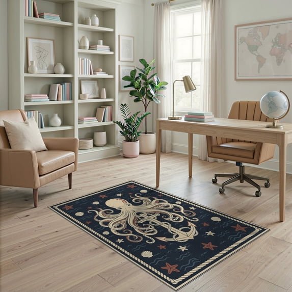 ODIKA 4'x6' Washable Area Rug Rum Doormat Vintage Creature Tentacle Motif Ocean Wave Starfish for Dorm Room, Small Living Stain Resistant Low Profile, Easy Care