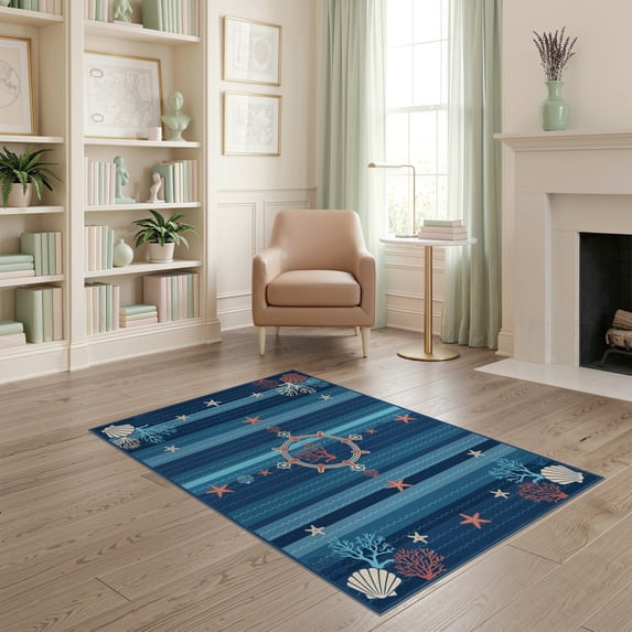 ODIKA 4'x6' Washable Area Rug Seascape Ocean Starfish Coral Emblems Marine Seashell Striped Flowing Dynamic for Home Office, Under Desk, Non-Slip Chair-Friendly, Flatwoven