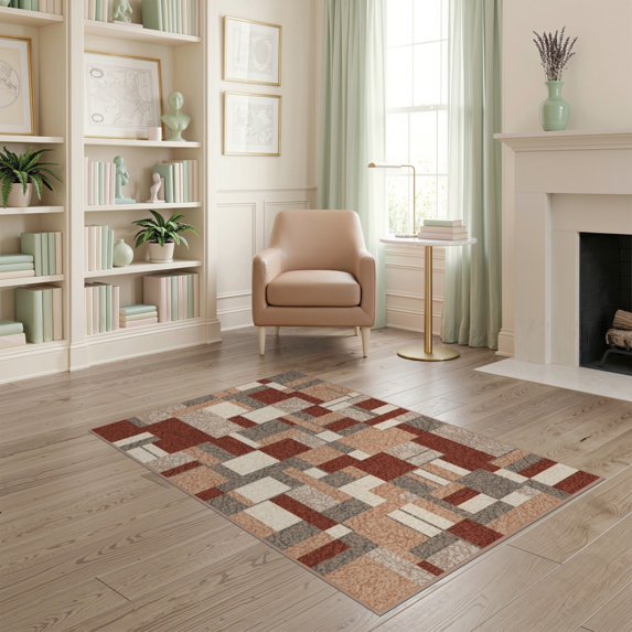 ODIKA 4'x6' Washable Area Rug Stain Resistant, Low Pile, Easy Care Bathroom Arrangement Vintage Faded Grid Interlocking Top Stairs for Dorm Room, Small Living