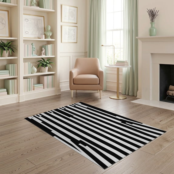 ODIKA 4'x6' Washable Area Rug Stain Resistant, Low Pile, Easy Care Black White Corridor Alfombras Para Striped Design with Bold Monochrome Symmetry for Dorm Room, Small Living