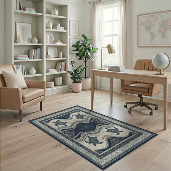 ODIKA 4'x6' Washable Area Rug Stain Resistant, Low Pile, Easy Care Door Weathered Ocean Turtle Navigation Chart Round Jellyfish for Dorm Room, Small Living