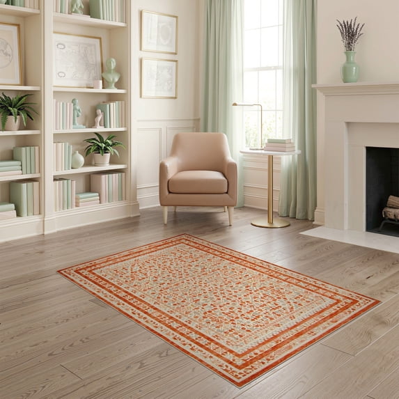 ODIKA 4'x6' Washable Area Rug Stain Resistant, Low Pile, Easy Care Geometric Vintage Mosaic Distressed Interlocking Motif Mid Century for Dorm Room, Small Living