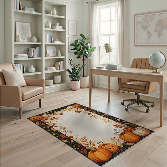 ODIKA 4'x6' Washable Area Rug Stain Resistant, Low Pile, Easy Care Halloween Door Striped Boho Pumpkin Motif Farmhouse Fall Border for Dorm Room, Small Living