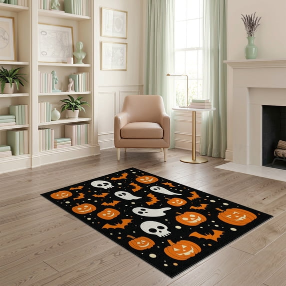 ODIKA 4'x6' Washable Area Rug Stain Resistant, Low Pile, Easy Care Halloween Skull Ghost Pumpkin Bat Welcome Doormat Fiber Door for Dorm Room, Small Living