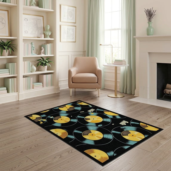 ODIKA 4'x6' Washable Area Rug Stain Resistant, Low Pile, Easy Care Music Note Vinyl Record Retro Album Player Disc Motif Round Cd for Dorm Room, Small Living