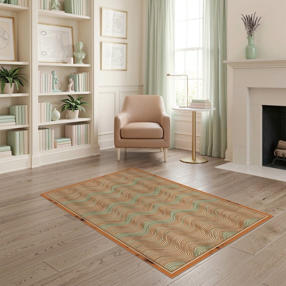 ODIKA 4'x6' Washable Area Rug Stain Resistant, Low Pile, Easy Care Orange Green Continuous Swirls Weathered Surface Artistic Layout for Dorm Room, Small Living