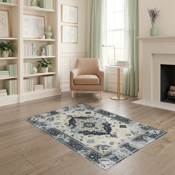 ODIKA 4'x6' Washable Area Rug Stain Resistant, Low Pile, Easy Care Oushak Medallion Distressed Vintage Scrollwork Bordered Traditional for Dorm Room, Small Living