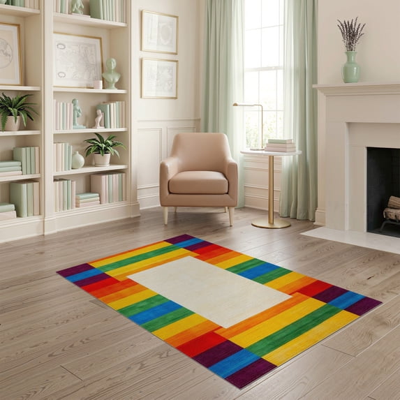 ODIKA 4'x6' Washable Area Rug Stain Resistant, Low Pile, Easy Care Pride Welcome Design With Bold Rainbow Stripe And Geometric Border for Dorm Room, Small Living