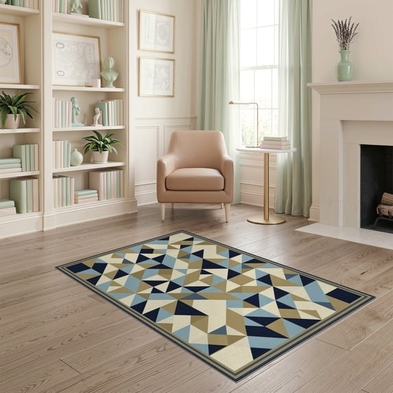 ODIKA 4'x6' Washable Area Rug Stain Resistant, Low Pile, Easy Care Pvc Geometric Bottom Contrasting Tonal Blocks Repeating Motif for Dorm Room, Small Living