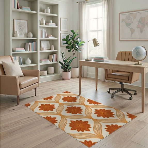 ODIKA 4'x6' Washable Area Rug Stain Resistant, Low Pile, Easy Care Retro Leaf Blossom Halloween Decor Symmetrical Border Textile Art for Dorm Room, Small Living