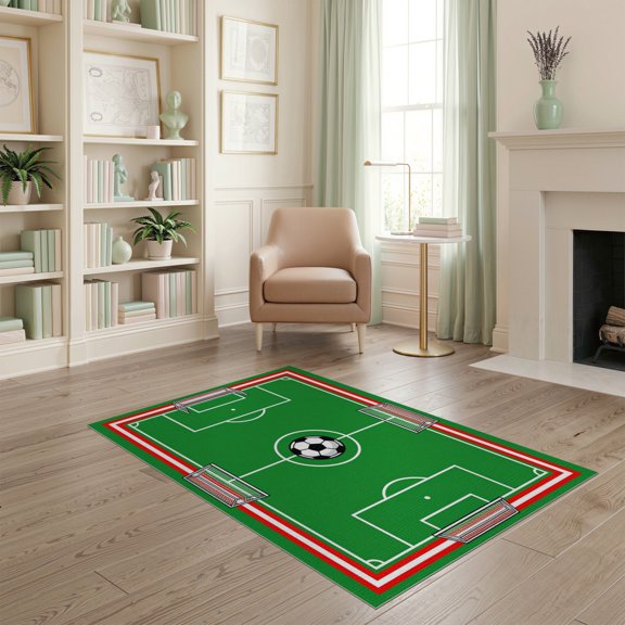 ODIKA 4'x6' Washable Area Rug Stain Resistant, Low Pile, Easy Care Soccer Pitch Field Dual Goals Colors Aglity Theme Decorations for Dorm Room, Small Living