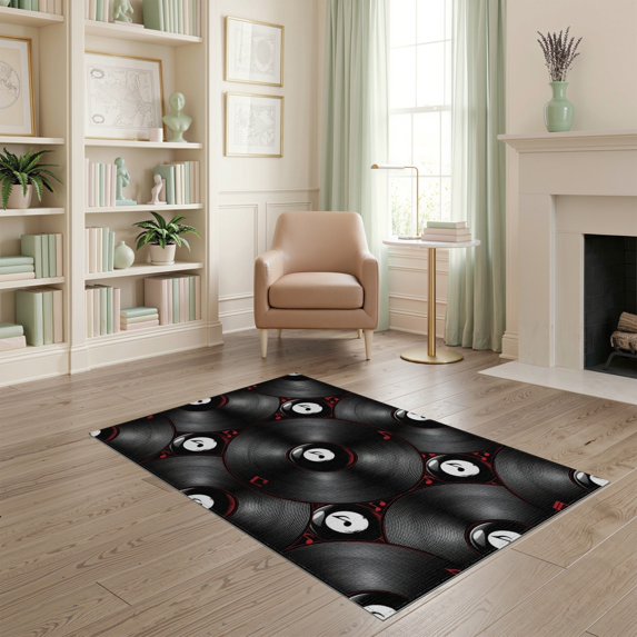 ODIKA 4'x6' Washable Area Rug Stain Resistant, Low Pile, Easy Care Vinyl Record Disc Eight Grunge Round Movie Blanket Music Note Refined Structured for Dorm Room, Small Living