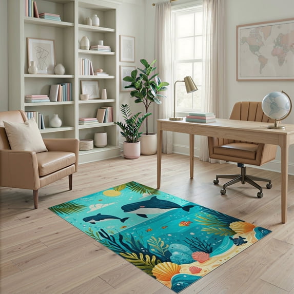 ODIKA 4'x6' Washable Area Rug Stain Resistant, Low Pile, Easy Care Whale Sea Turtle Cartoon Ocean Animal Tropical Island Voyage for Dorm Room, Small Living