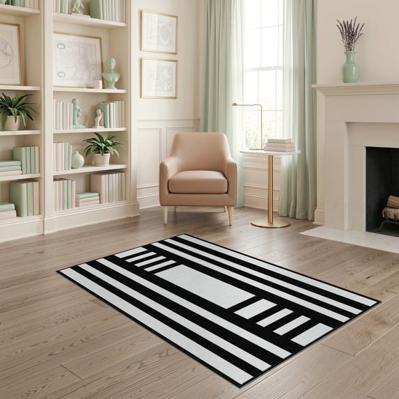 ODIKA 4'x6' Washable Area Rug Stripe Bold Interlocking Striped Welcome Graphic Doormat for Bedroom, Reading Nook, Pet Friendly & Non-Shedding