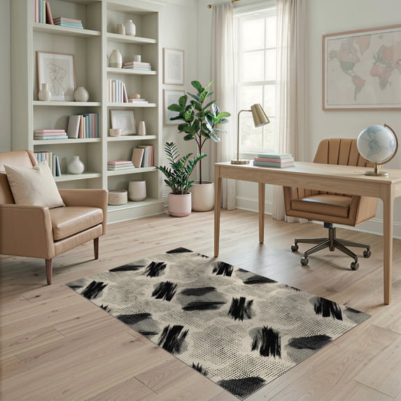ODIKA 4'x6' Washable Area Rug Style Minimalist Lines With Scattered Modern Brush Motif Abstract Geometry for Home Office, Under Desk, Non-Slip Chair-Friendly, Flatwoven