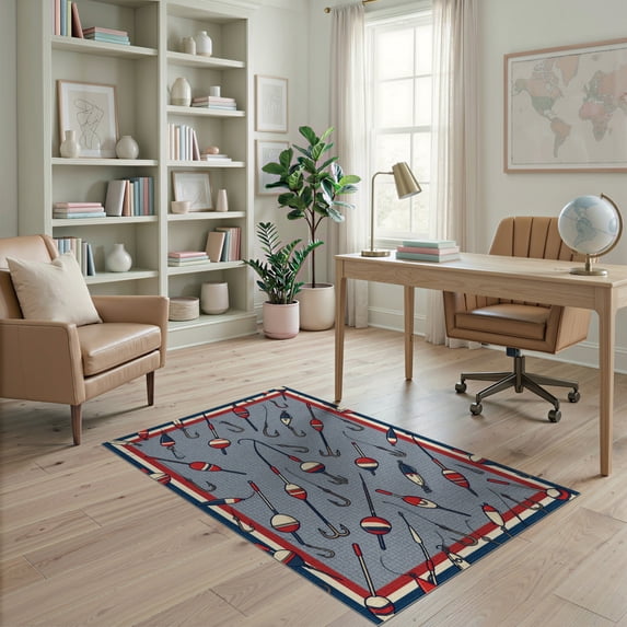 ODIKA 4'x6' Washable Area Rug Tackle Novelty Collage Vintage Bobbers Nautical Hooked Fishing Refined for Bedroom, Reading Nook, Pet Friendly & Non-Shedding